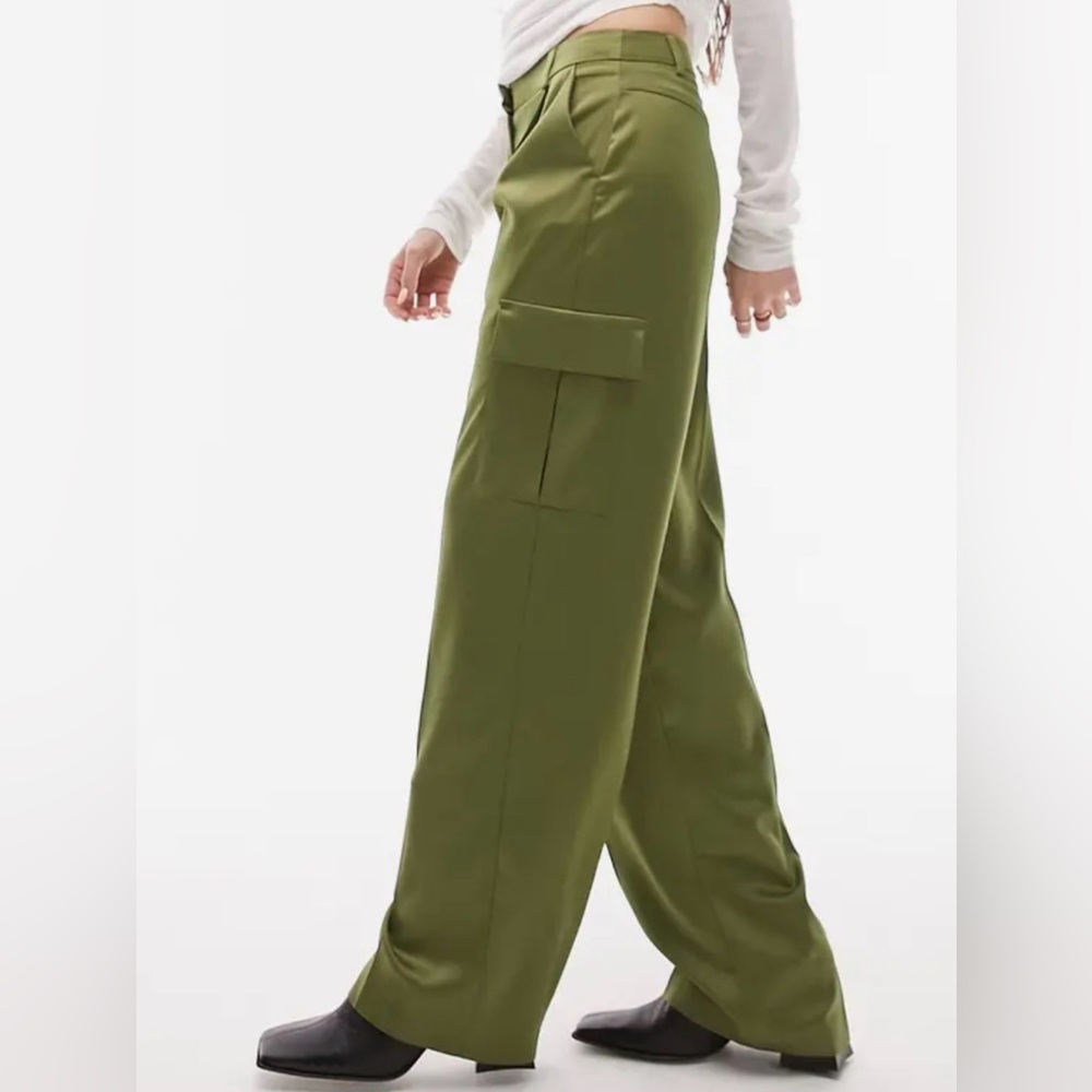 NEW Topshop Satin Cargo Pants - Khaki Green